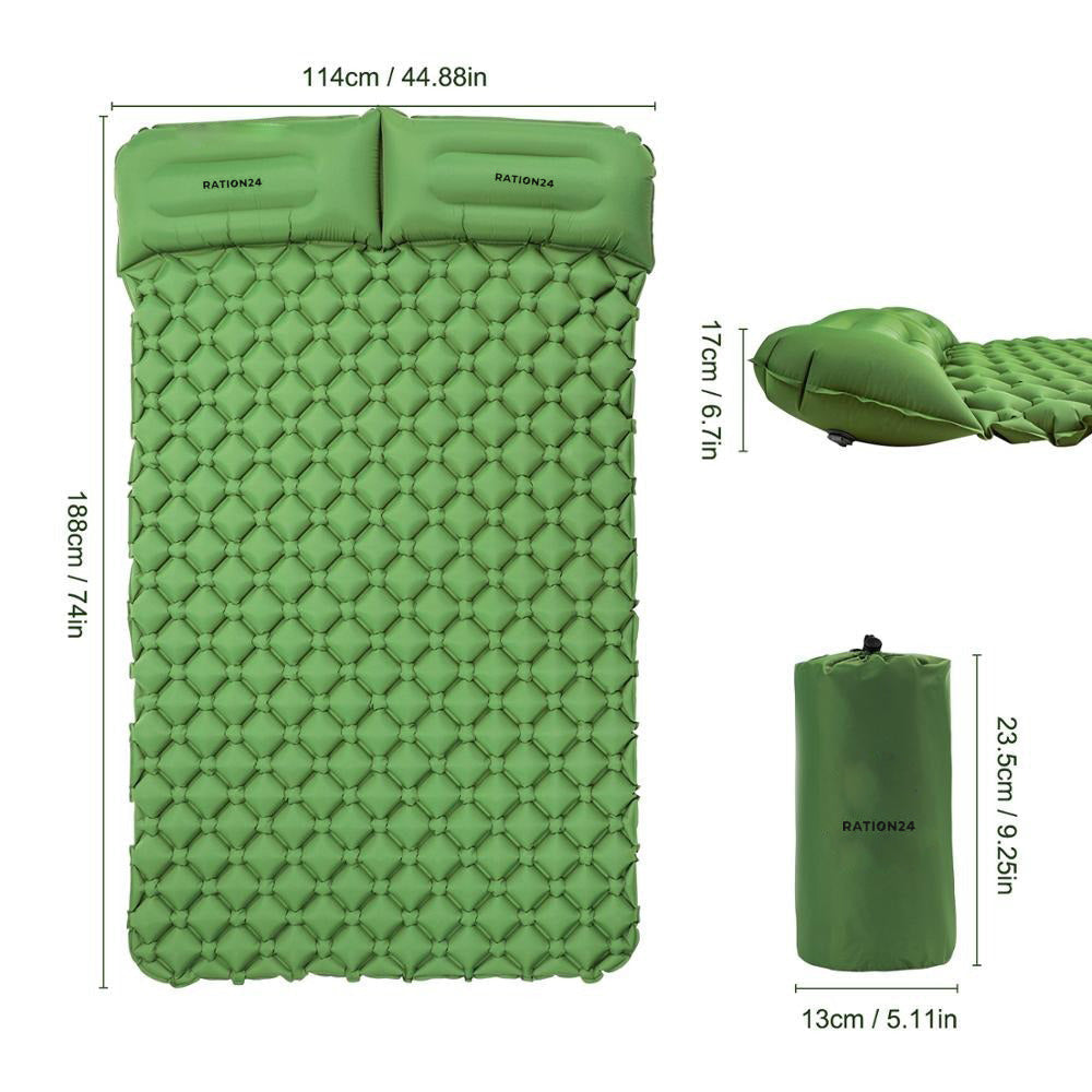 Grüne Doppel-Isomatte mit Maßen 188 × 114 cm, Kopfteil 17 cm, Packsack 23,5 × 13 cm
