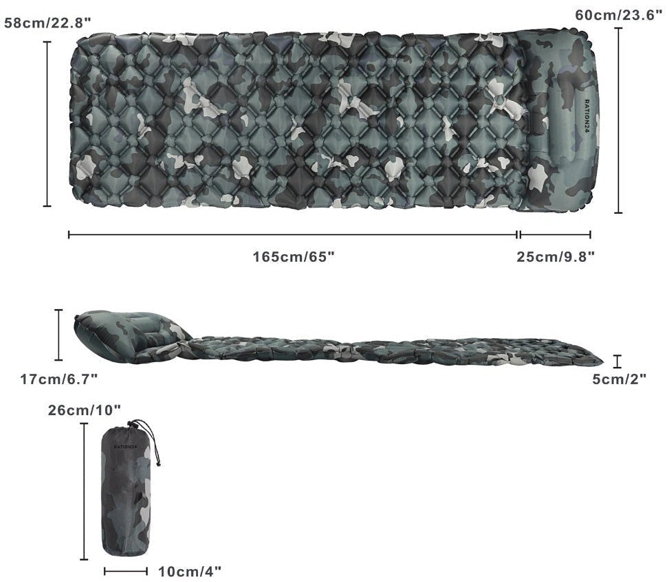 Einzel-Isomatte mit Maßen 165 + 25 × 58–60 cm, Höhe 5 cm, Packsack 26 × 10 cm