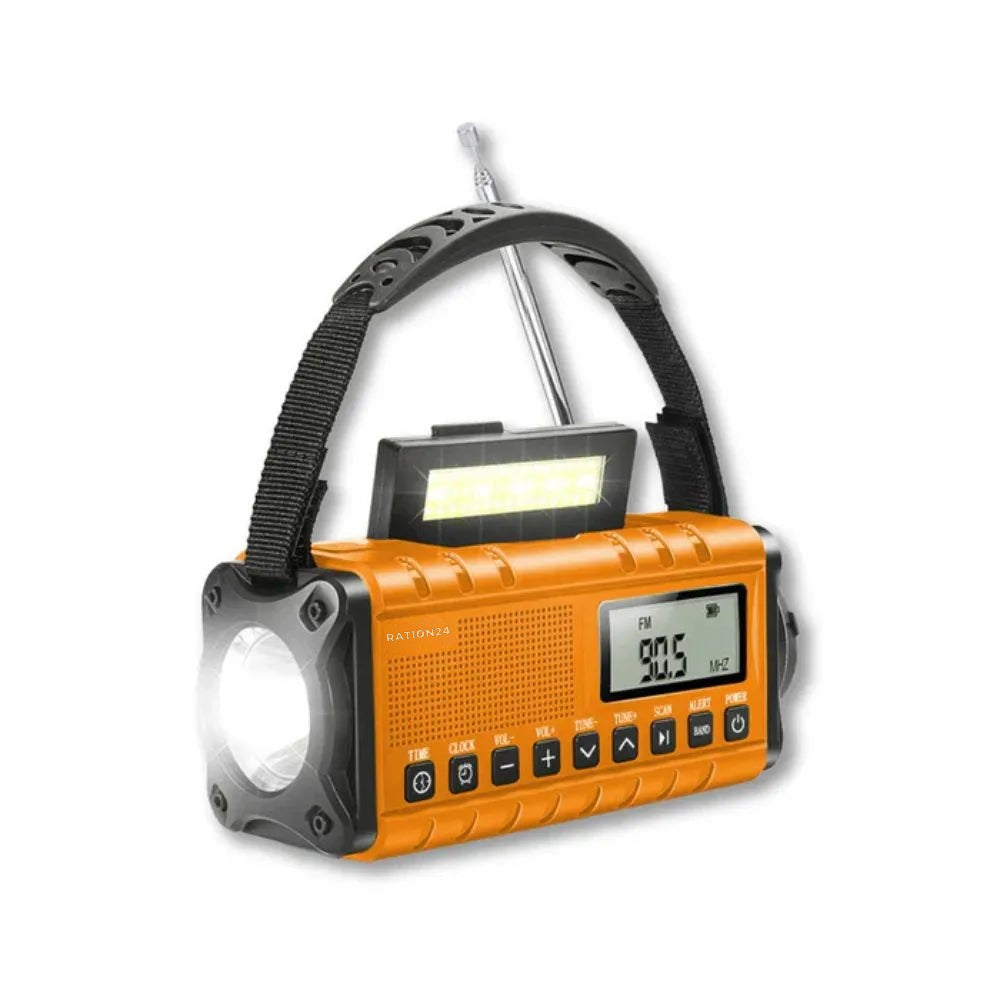 Kurbelradio mit Powerbank in Orange mit Tragegurt, Display, Leselicht und leuchtender Taschenlampe