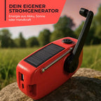 Rückseite des roten Kurbelradios mit Solarzelle, ausgeklappter Kurbel und USB-Anschlüssen