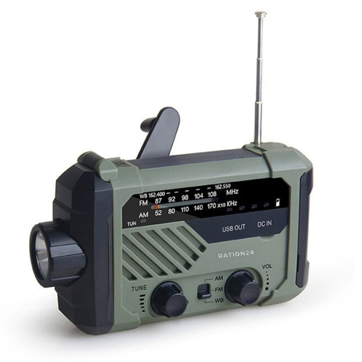Kurbelradio Plus in Olivgrün mit Taschenlampe, Handkurbel, Antenne und Senderskala