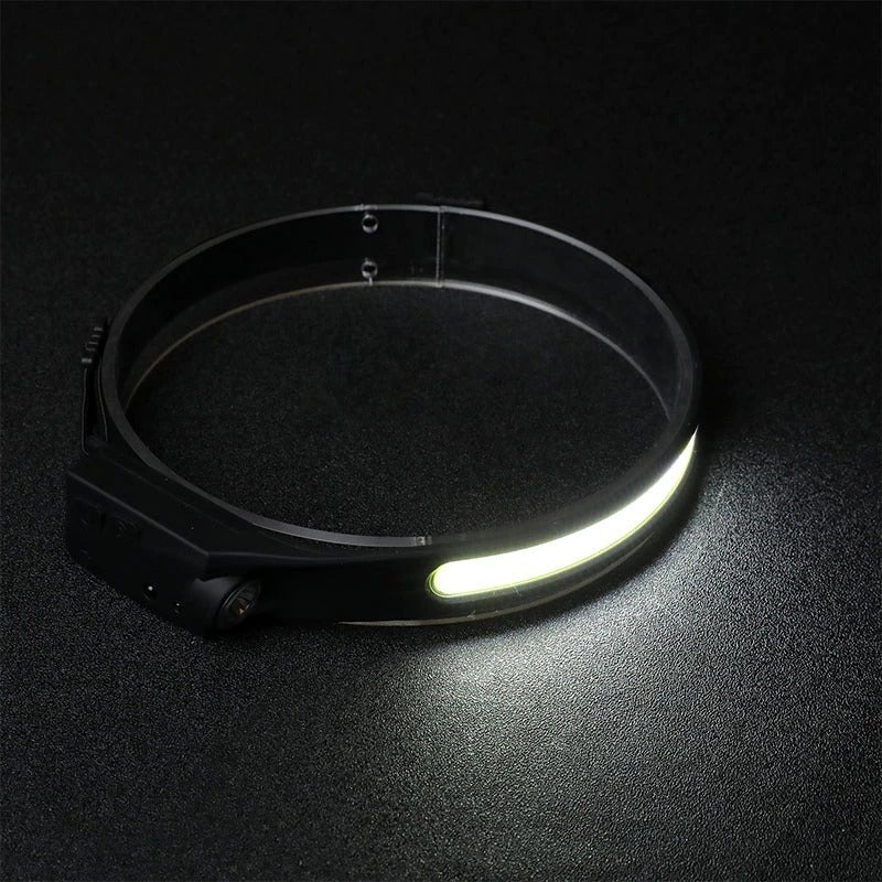 Stirnlampe auf dunklem Untergrund, das COB-Lichtband leuchtet breit
