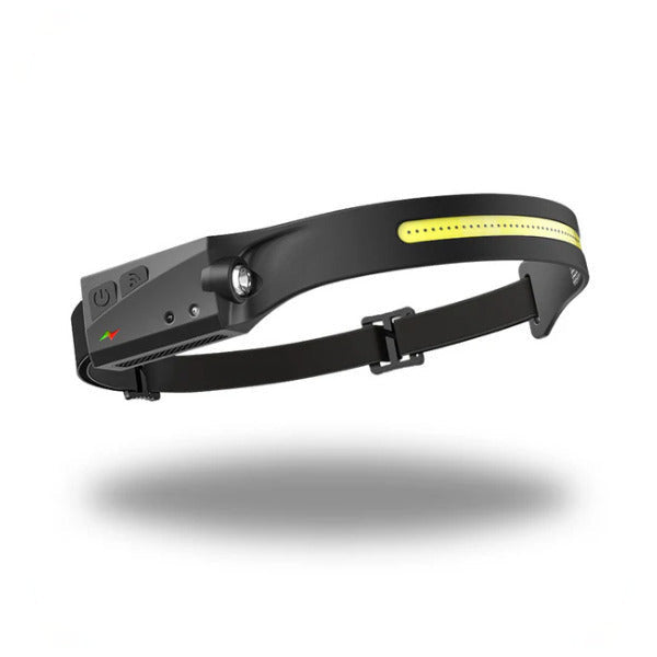 LED-Stirnlampe mit gelbem COB-Lichtband und Spot, schräg von vorn auf weißem Grund