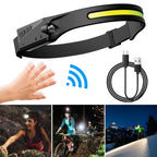 Stirnlampe mit USB-Kabel, Handgeste für den Sensor und drei Fotos von Sportlern im Dunkeln