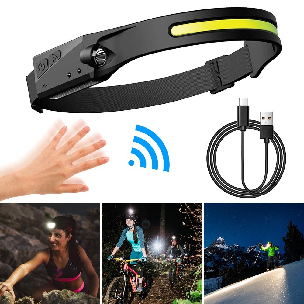 Stirnlampe mit USB-Kabel, Handgeste für den Sensor und drei Fotos von Sportlern im Dunkeln