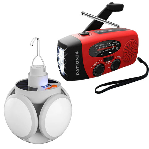 Set S: rotes Kurbelradio mit Taschenlampe und aufklappbare Solar-LED-Laterne mit Haken