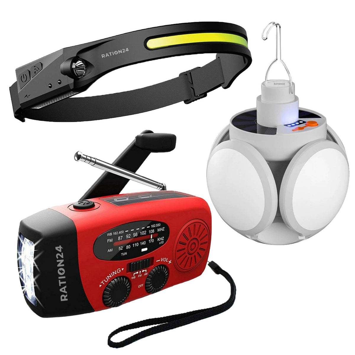 Set M: Kurbelradio, aufklappbare Solar-LED-Laterne und LED-Stirnlampe mit Lichtband