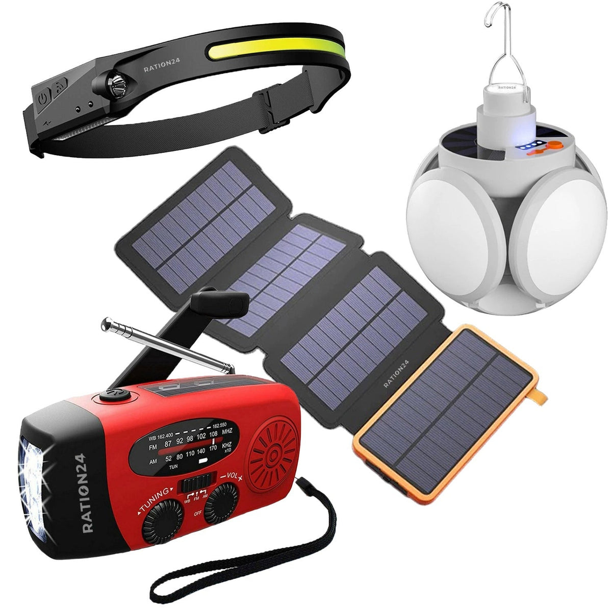 Set L: Kurbelradio, Solar-LED-Laterne, LED-Stirnlampe und Solar-Powerbank mit ausgeklappten Solarflächen