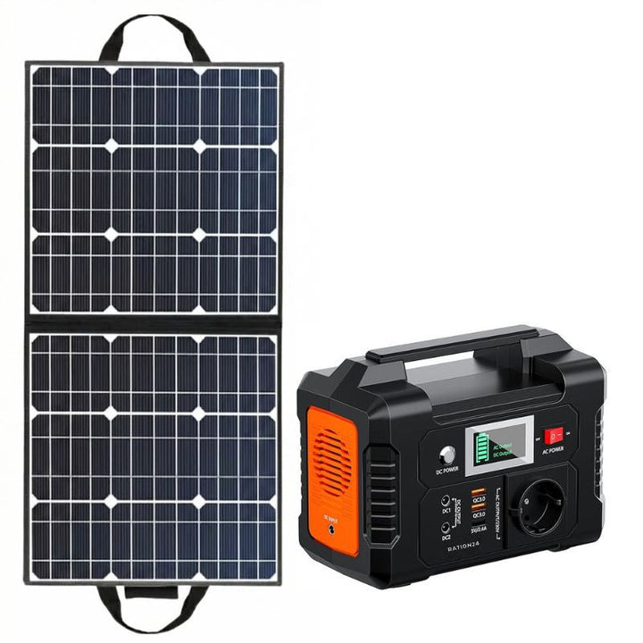 Powerstation mit 230-V-Steckdose, USB- und DC-Ausgängen neben aufgeklapptem Solarpanel