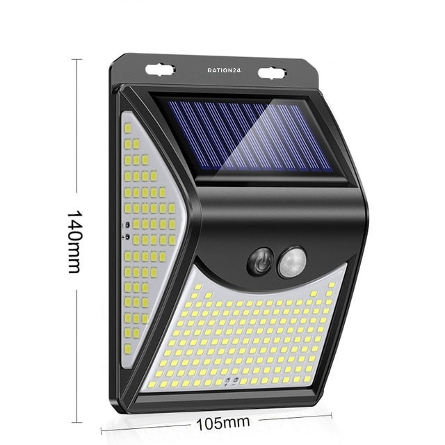 Solar-Außenleuchte mit Solarmodul, Bewegungsmelder und LEDs an drei Seiten, Maße 140 × 105 mm