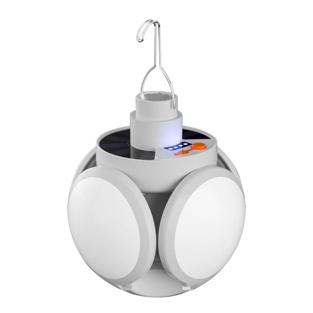 Solar-LED-Laterne mit Haken, aufgeklappten Leuchtflächen, Solarfläche und Ladeanzeige