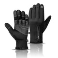 Schwarze Winterhandschuhe, Handrücken mit Reißverschluss und Innenhand mit Gitterstruktur