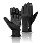 Schwarze Winterhandschuhe, Handrücken mit Reißverschluss und Innenhand mit Gitterstruktur