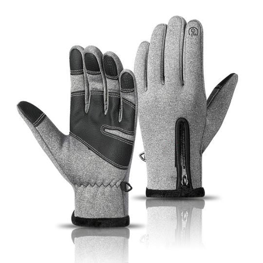 Graue Winterhandschuhe, Handrücken mit Reißverschluss und schwarze Innenhand mit Gitterstruktur