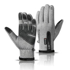 Graue Winterhandschuhe, Handrücken mit Reißverschluss und schwarze Innenhand mit Gitterstruktur